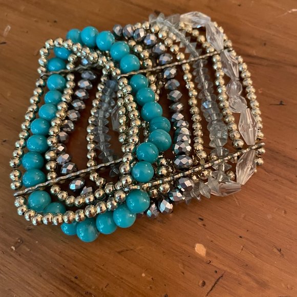 Multi-Strand Beaded Bracelet, Silver, Gold, Faceted, Turquoise & Clear B… - Picture 1 of 3